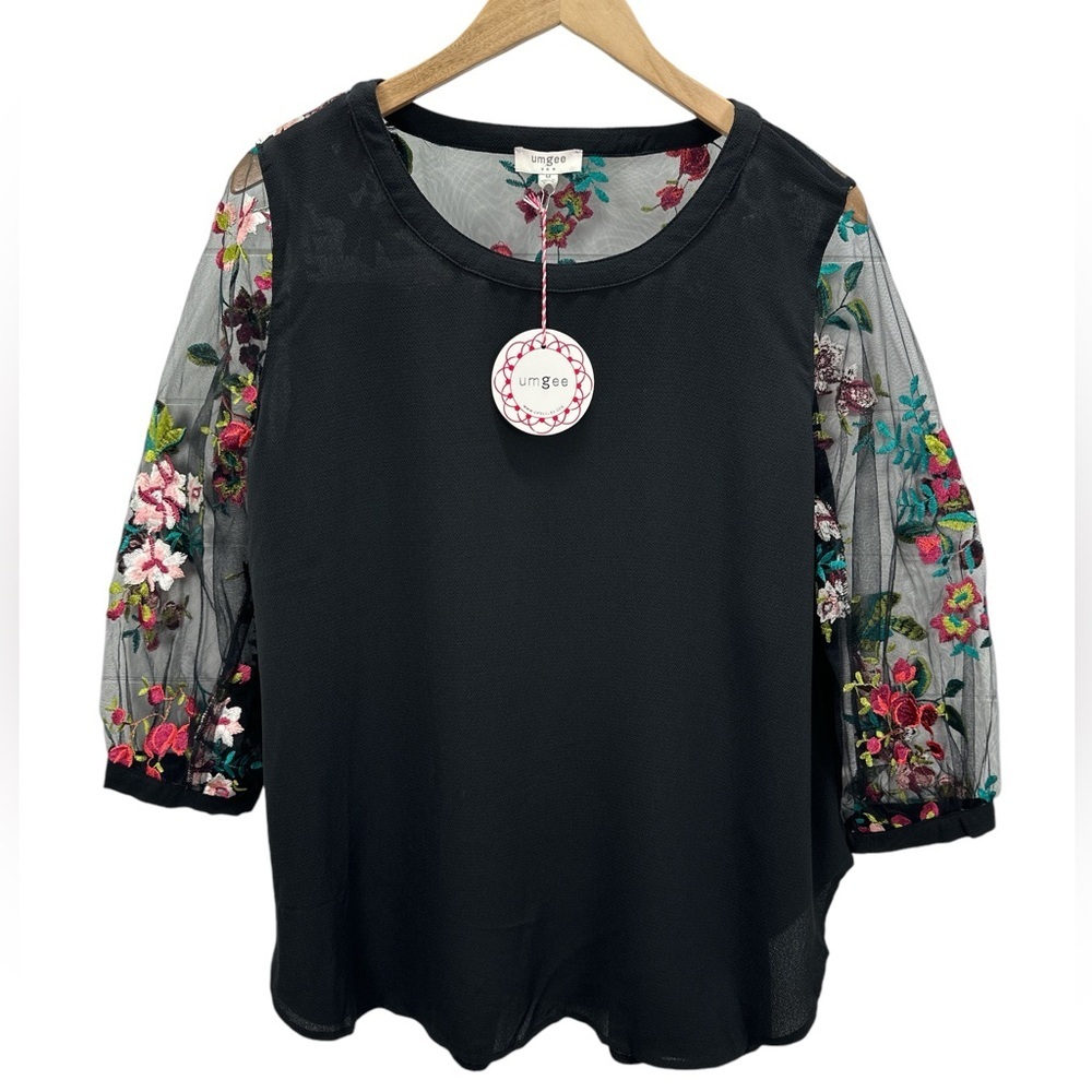 Umgee Black Top with Floral Embroidered Sheer Sleeves - Picture 3 of 11
